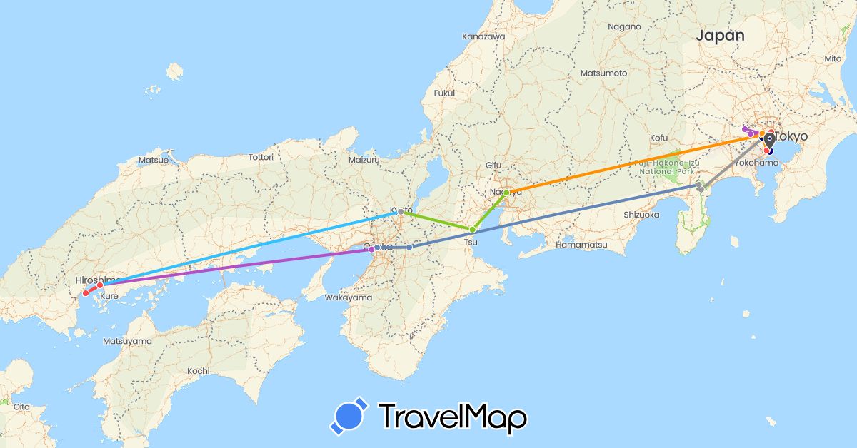 TravelMap itinerary: driving, plane, cycling, train, hiking, boat, hitchhiking, motorbike, electric vehicle in Japan (Asia)
